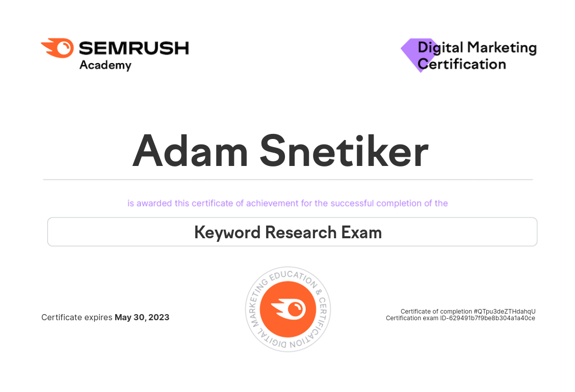 keyword research certification from semrush academy